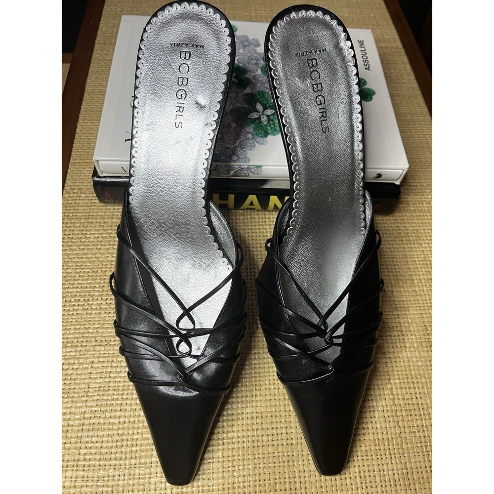 BCBGirls Max Azria  Size 8.5 Black Leather Slip On Mules